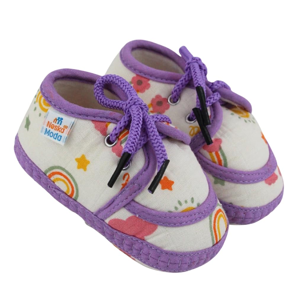 neska moda 6 To 12 Months Baby Boys & Baby Girls Flower & Circle Muslin White,Purple Hook & Loop Shoe Booties-BT5563-picture-3