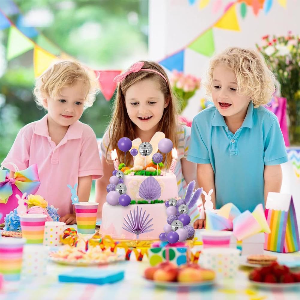 Dekoracja na tort, bombki, fioletowe dekoracje na ciasto, liście palmowe w stylu boho, dekoracja do ciasta, dekoracja DIY, dekoracja na urodziny, imprezę