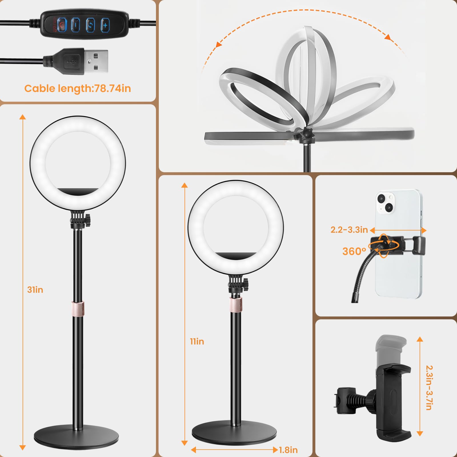 MACTREM Luce ad anello da scrivania da 25,4 cm con supporto, luce LED circolare da tavolo con supporto per telefono, per riunioni con zoom del computer, luce per videochiamate per conferenze