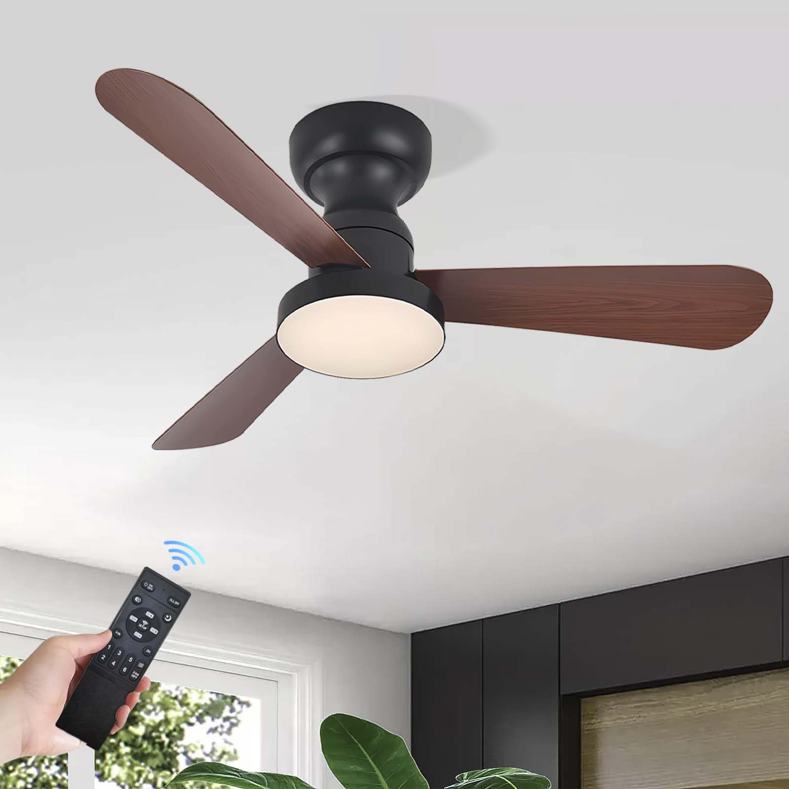 HXYSXHJUO Quiet Ceiling Fans with Lights,3 Blades 6 Speeds Timer，Dimmable LED Fan Lights for Bedroom Living Room Kitchen-Black Wood||35inches