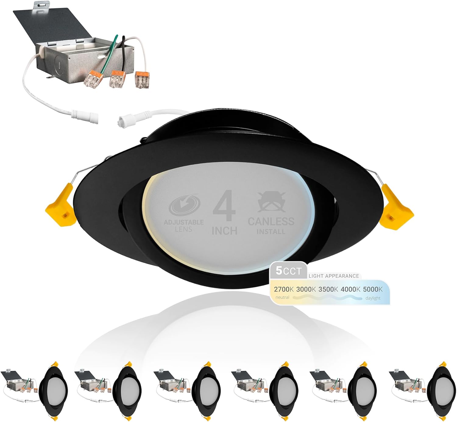 NUWATT Black 4 Inch Gimbal LED Recessed Lighting, 2700K/3000K/3500K/4000K/5000K Selectable, 630LM, Dimmable, Damp Rated, Adjustable Lens Canless Lights for Sloped Ceiling, Metal Junction Box, 6 Pack