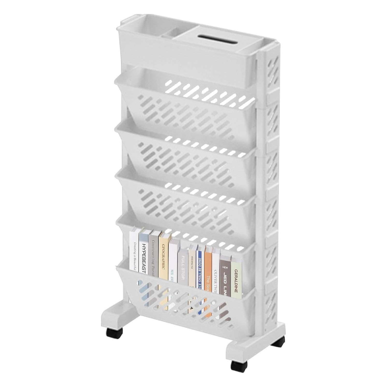 U-HOOME 5 Tiers Movable Bookshelf Cart with Wheels, Removable Unique Bookcase, Utility Organizer Book Rack with Wheels for Kids Children Students Study in Bedroom Living Room Home School (White1)