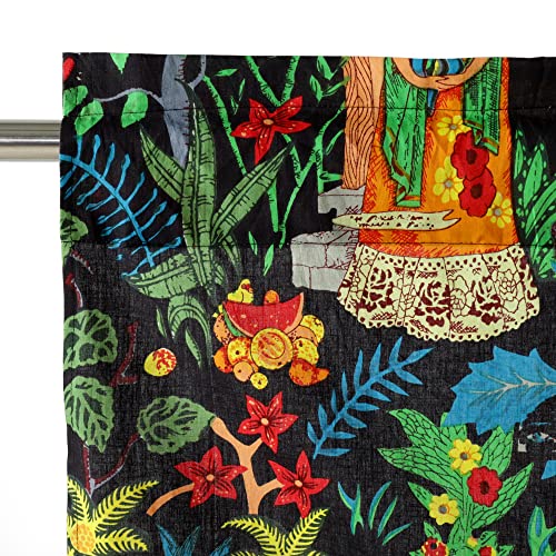 Image of Ravaiyaa - Attitude is everything Hand Printed Half Window Kitchen Curtain 100% Cotton Short Drapery Valance 40 X 18 Inch (Black Floralsemi Sheer, Rod Pocket)