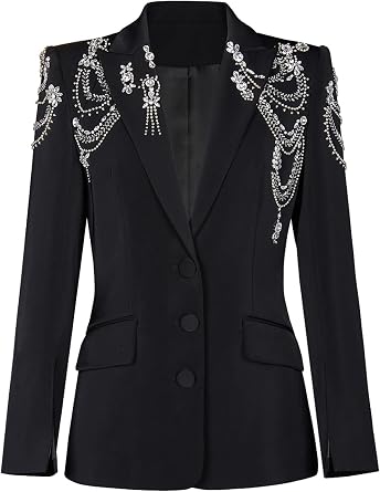 Womens Diamonds Beaded Blazer Elegant Embroidered Peaked Lapel Single Breasted Long Sleeve Jacket Coat Party Prom