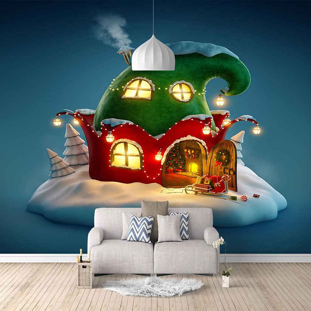 Papier peint panoramique 3D photo murales chalet rouge Noël déco murale chambre ados 250x175
