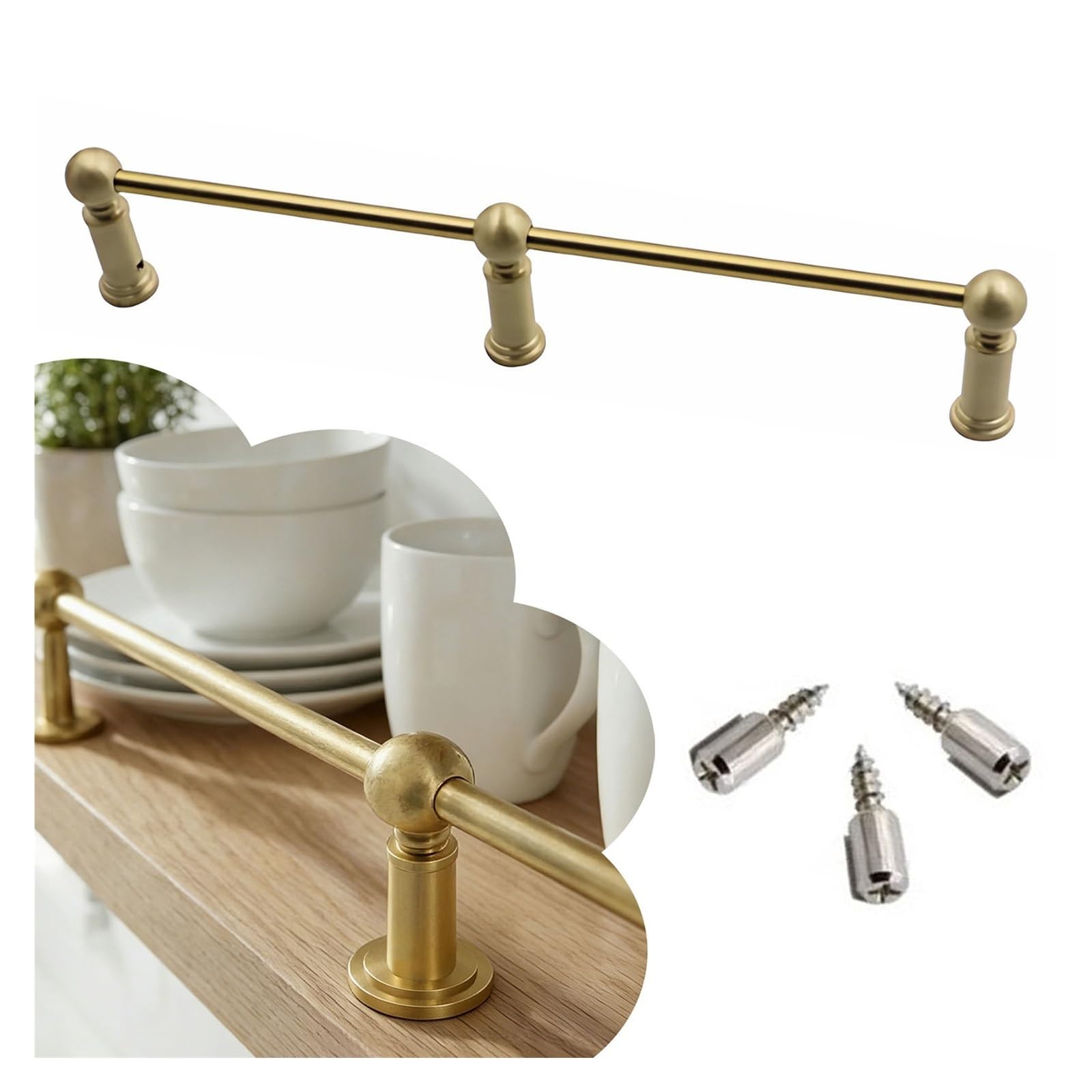Brass Decorative Tipping Rails, Gallery Cabinet Storage Safety Bar for Book/Plant/Cup, 20-150cm Customizable Prevent Falling Barrier Rod, with 3 Posts & Screws(Type B,23in/58.5cm)