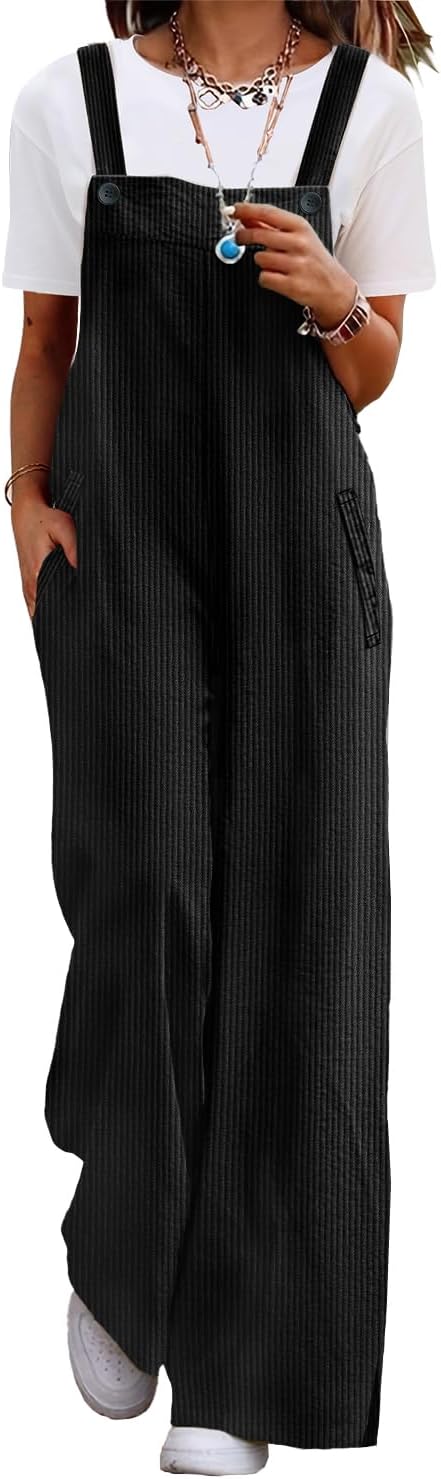Women's Casual Corduroy Overalls Adjustable Straps Baggy Pants Wide Leg Jumpsuits with Pockets PC2