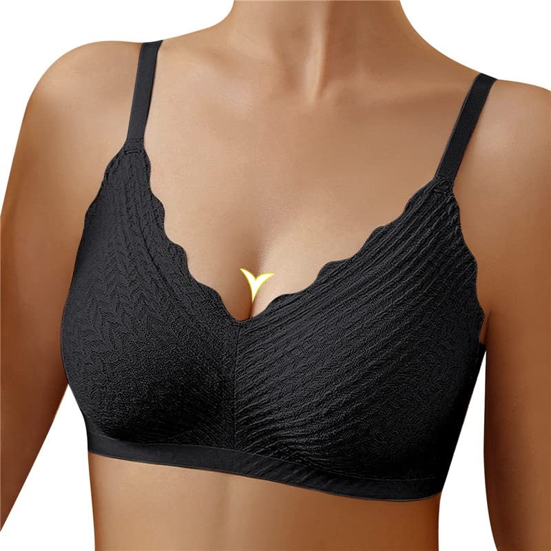 LitthingWomen Push Up Bra for Small Breast Non Wired Sexy V-Neck Bubble Lace Full Coverage Bra Wireless Removable Latex Padded Bra Adjustable Straps Breathable Comfort Sleep Bralettes Back Fastening