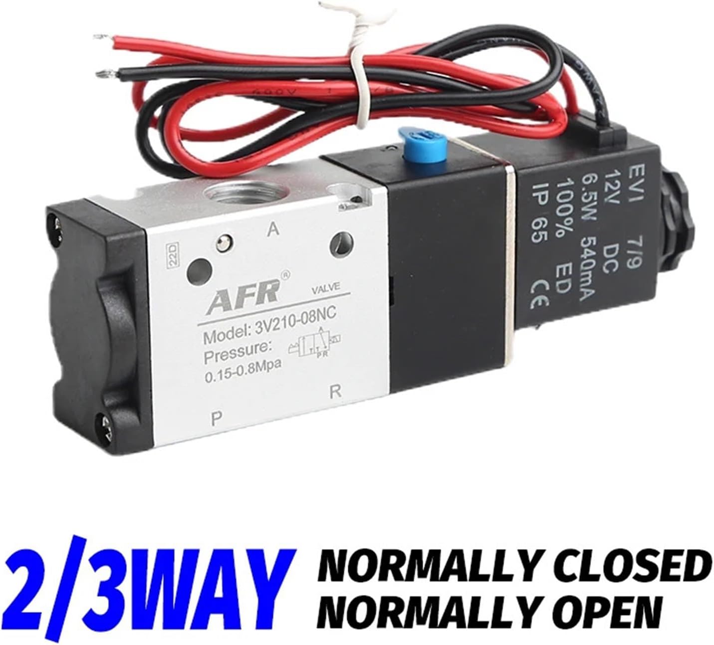 Side view of the QQAMOGNNK Pneumatic Air Solenoid Valve, highlighting the 2/3WAY Normally Closed/Normally Open text.