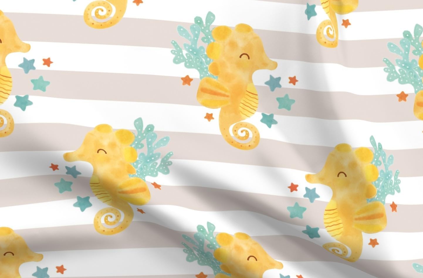 Spoonflower Fabric - Cute Seahorse Sealife Ocean Nautical Coastal Underwater Sand White Printed on Petal Cotton Fabric Fat Quarter - Sewing Quilting Apparel Crafts Decor