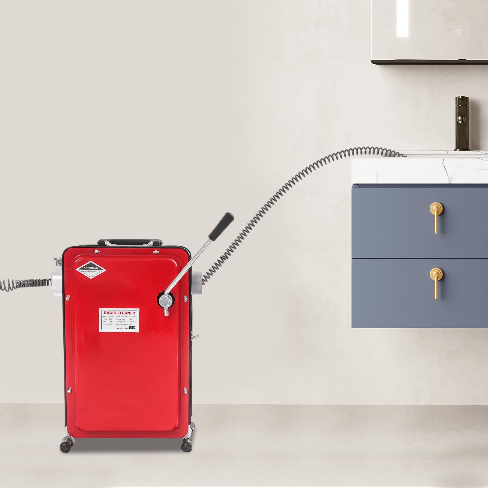 Elektrische Rohrreinigungsmaschine 240W Abflussreiniger 22.5m Spirale Rot | 400 U/min Kupfermotor, 6 Schneidköpfe für Rohre 20-100mm, IP44 Schutz, T-Füße, abnehmbarer Hebel, inklusive Handschuhe