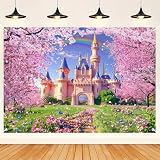 HANYING Princess Castle Backdrop for Girls Birthday Fairy Tale Fantasy Wonderland Pink Sakura Photography Background Bride Wedding Party Photo Background Portrait Studio Props 7x5ft YL02YD