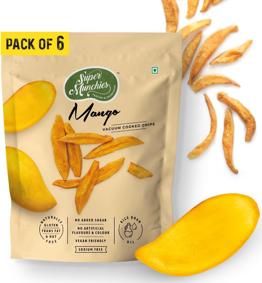 Super Munchies Crunchy Mango Chips | Vacuum Cooked | No Added Sugar, No Salt | Vegan, Gluten-Free, No MSG, No Preservatives | Low Fat, Zero Cholesterol, Trans Fat Free | Healthy Snack (Pack of 6)