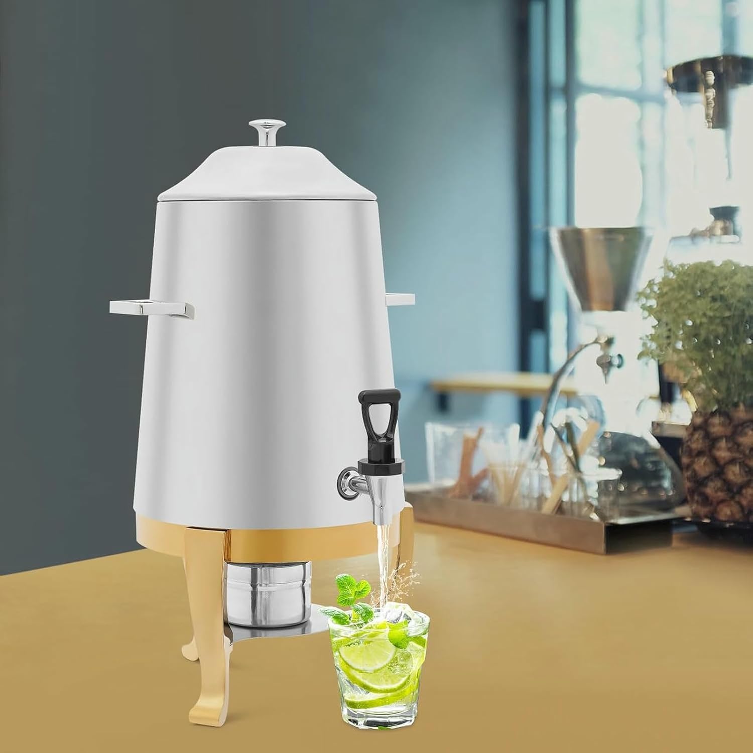 Chafer Urn, Coffee Urn with Fuel Holder and Spigot, 3.4 Gallon Stainless Steel Hot Beverage Drink Dispenser Can for Milk Tea Water Juice Parties Event Buffet Catering Silver,Gold S