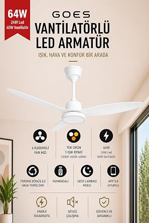 Tavan Vantilatörü LED Armatür 132cm 64W, APP ve Kumanda Kontrollü, 6 Kademeli Fan, 3 Işık Rengi Tersine Dönüş Özellikli, Gece Modu, Sessiz Motor, 3 Kanatlı Tavan Fanı GVA64, Beyaz Beyaz [Enerji Sınıfı A]