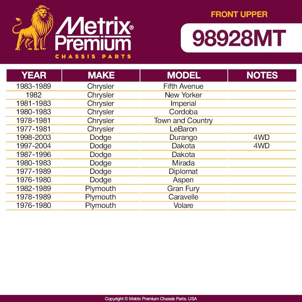 Metrix Premium Chassis Parts - 2 PC Front Upper Control Arm Bushing Kit Fits 83-89 Chrysler Fifth Avenue, 82 New Yorker, 81-83 Imperial, 77-89 Dodge Diplomat, Replacement K7084, Made in Europe