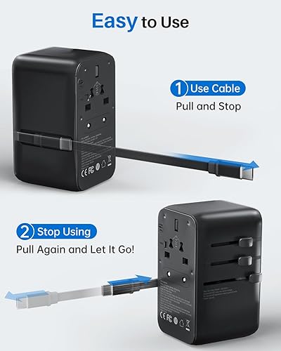 Miniatura 5 de DOACE Adaptador de viaje universal, adaptador de enchufe de viaje europeo GaN 3.0 de 100 W con cable USB-C integrado, adaptador de corriente