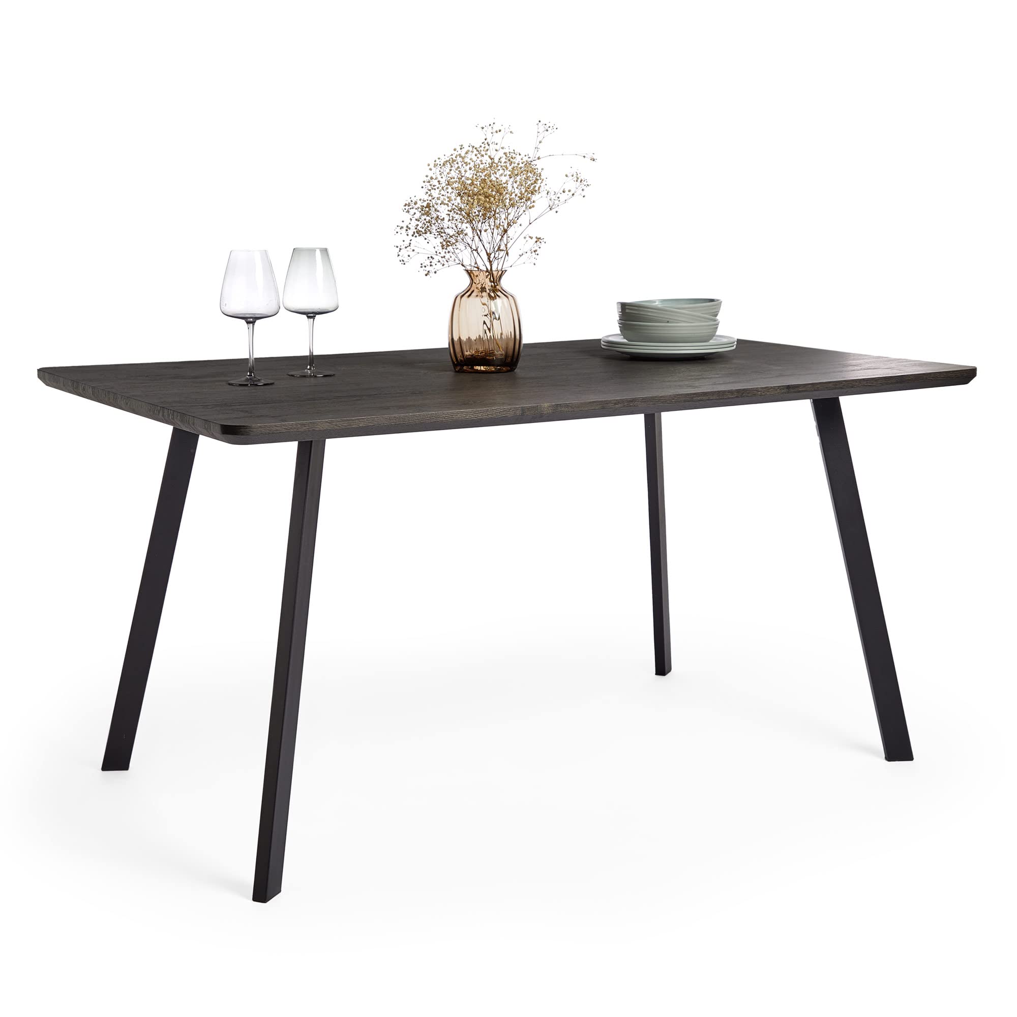 Dining Table - 6 Seater Kitchen Table for Dining Room - Rectangular Dark Wood Effect Dinner Tabletop for 6 People - Industrial Design with Black Angled Legs - W150cm xD90cm - Burton