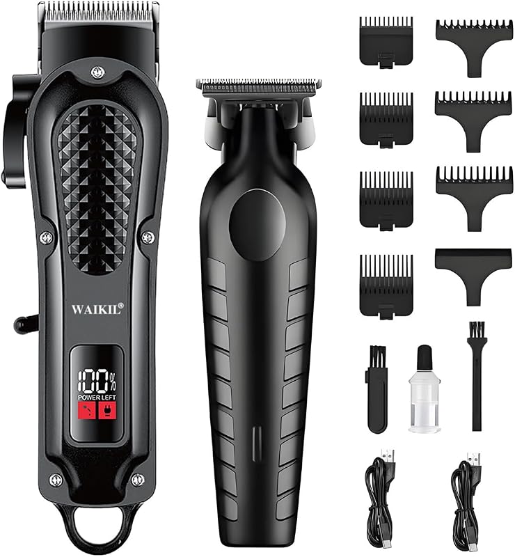 WAIKIL Professional Hair Clippers for Men with T-Blade Trimmer, Cordless Barber Clippers Set, Rechargeable Grooming Kit with Guards, Beard Trimmer, Line Up & Fading Tools