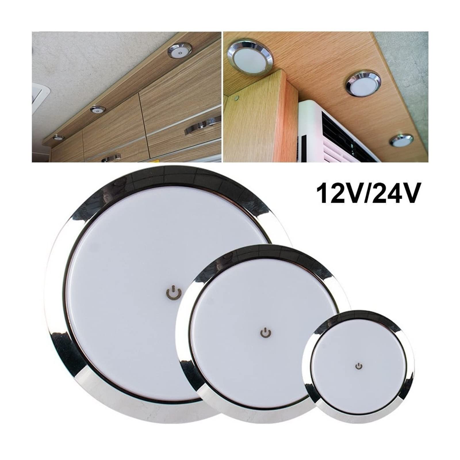 1 szt. 12 V/24 V lampa dotykowa LED RV ultra-cienka okrągła kopułkowa sufitowa lampka do czytania dla przyczepy kempingowej łódź jacht samochód kempingowy,Element kampera(18cm-12V)