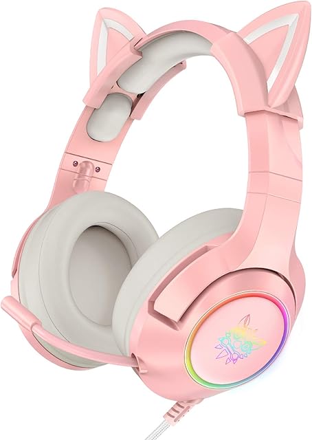 AJIJAR Pink Gaming Headset with Removable Cat Ears, Compatible with PC PS4 PS5 Xbox One(Adapter Not Included) Mobile Phones, with Surround Sound, RGB Backlight & Noise Canceling Retractable Microphone