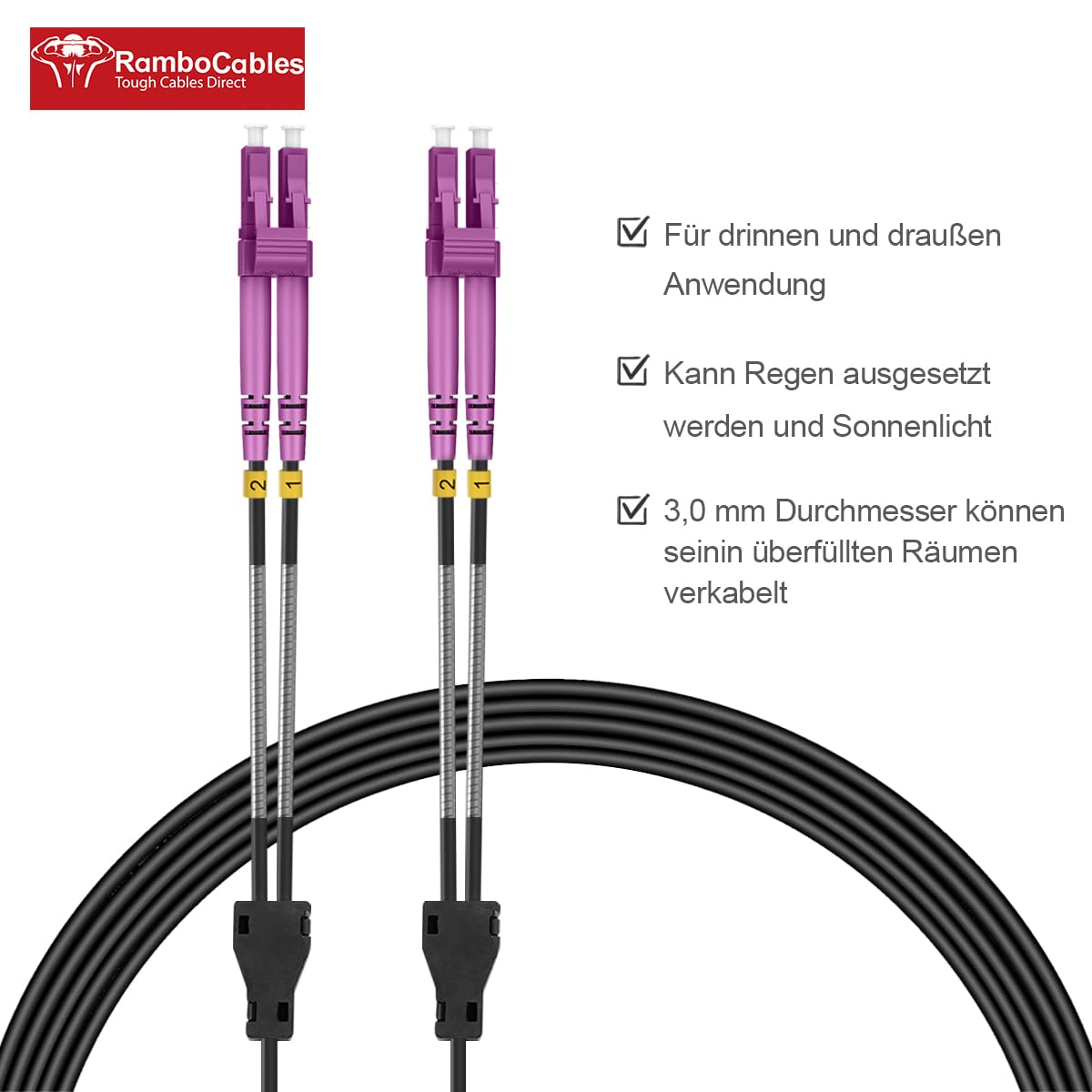 20m Gepanzerte Glasfaser-Kabel OM4 LC auf LC Duplex Multimode, LWL-Kabel für den Innen- und Außenbereich, 10GB 50/125um LSZH OD 3,0mm Schwarz