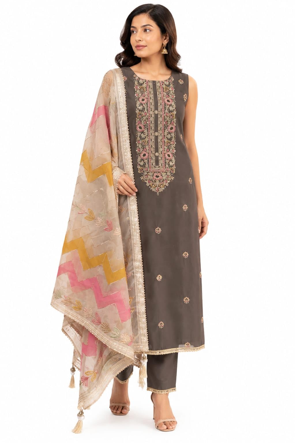 Embroidered Unstitched 3 Pcs Suit, Floral Neck-image-0