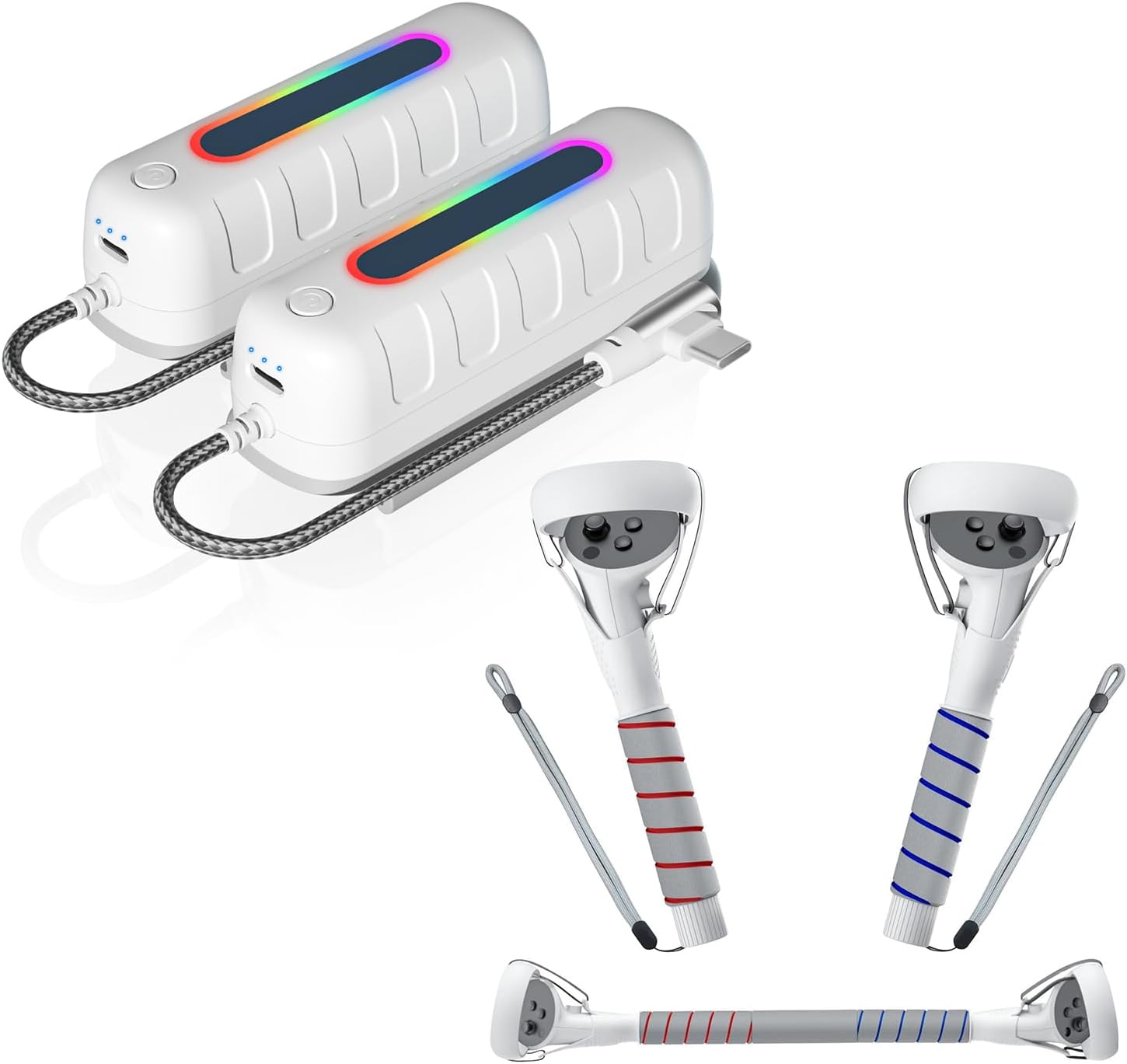 Saqico Two Battery Pack for Oculus Quest 2 5000mAh with Multi-Colors RGB Lights,VR Gorilla Tag Long Arms/Stick Extension Grips