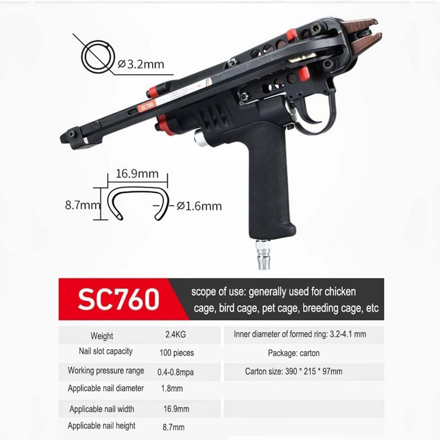 Clavadora neumática para proyectos de carpintería y bricolaje, pistola de clavos tipo C con grapadora y alicates de anillo de cerdo para valla de jaula de alambre, herramienta de aire para clavar