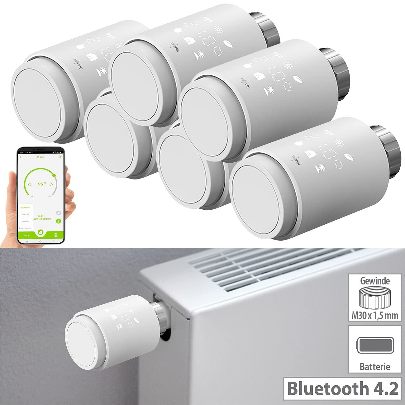 revolt Thermostat Smart: 6er-Set programmierbare Heizkörper-Thermostate mit Bluetooth und App (Thermostat Digital, Thermostatkopf, Programmierbares Heizkörperthermostate)
