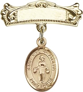 14kt Yellow Gold Baby Badge with St. Nino de Atocha Charm and Arched Polished Badge Pin 7/8 X 3/4 inches