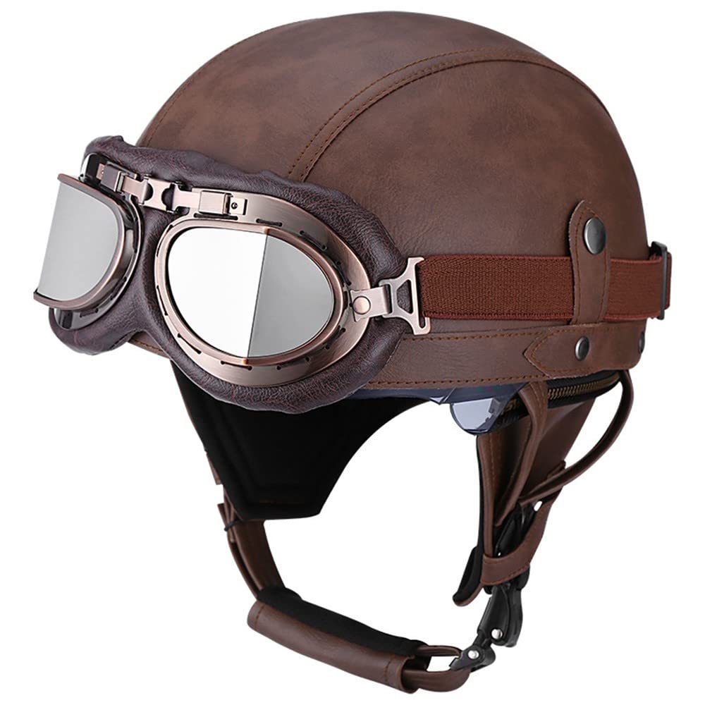 Retro Motorrad Halbhelme Leder Halbhelm Deutscher Stil Roller Cruiser Chopper Anti-Collision Helm Abnehmbarer Gehörschutz mit Visier ECE Zertifiziert