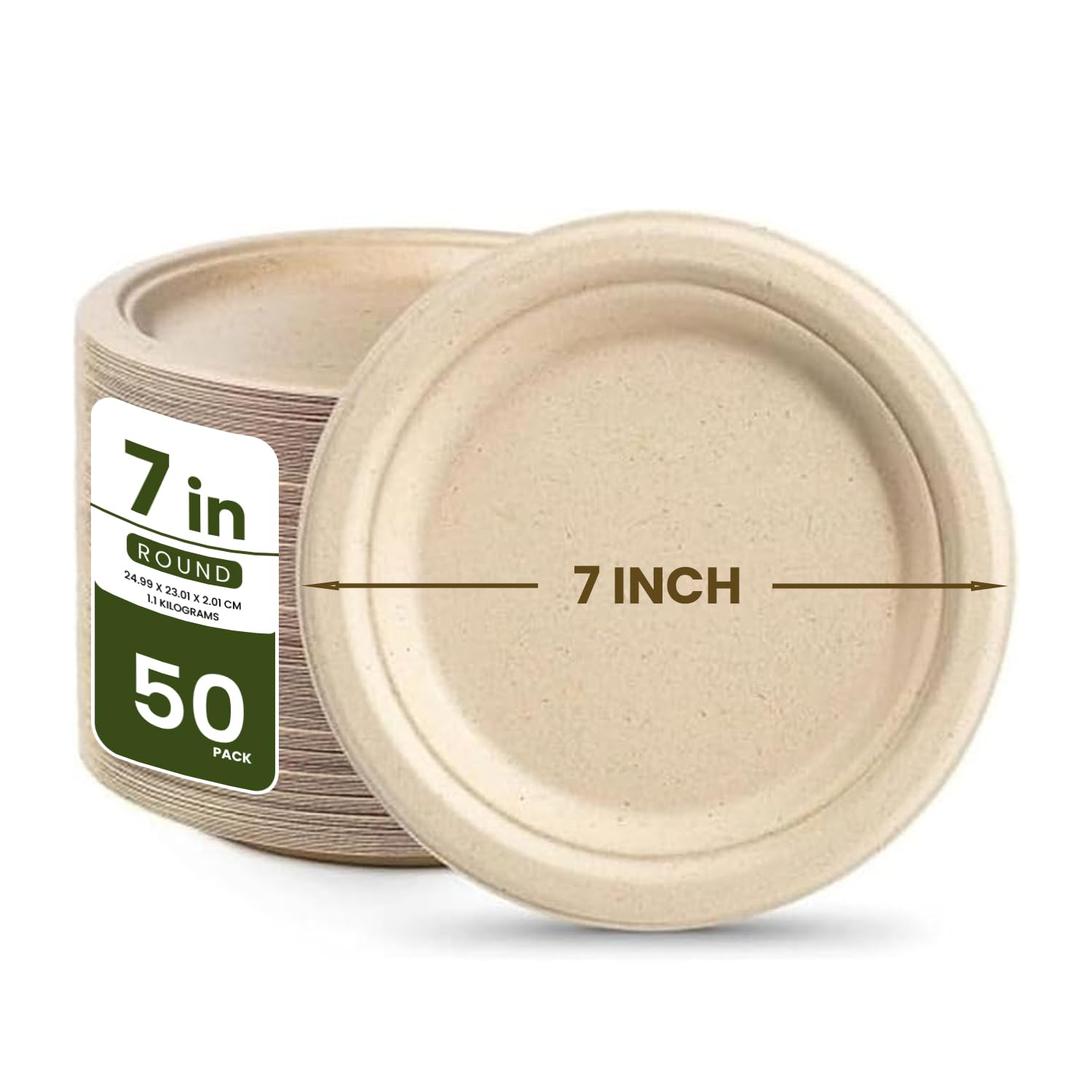 Ecoway [7 Inch Round Plate Pack Of 50] Natural Color - Disposable Plates Made With Bagasse Sugar Canes Microwave & Freeze Safe, Compostable & Biodegradable Dinner Plates, Strong Everyday Tableware