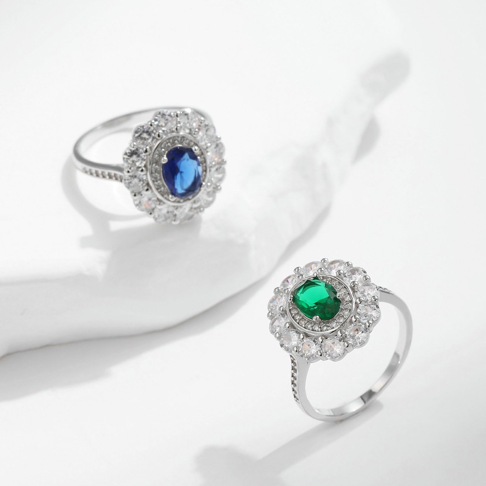 Daesar Anello Oro Bianco Fidanzamento 14K, Fedi Nuziali Donna Fiore Lusso con Smeraldo Sintetico Ovale da 1ct e Moissanite Rotonda Anelli Matrimonio Oro Bianco per Mamma, Fidanzata, Sposa