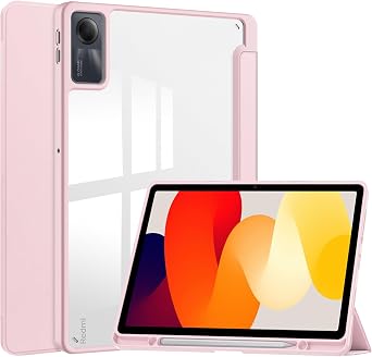 Tablet Case for Xiaomi Redmi Pad SE, Slim Tri-Fold Cover with Pen Holder, Shockproof Cover with Clear Transparent Back Shell for Redmi Pad SE, Auto Wake/Sleep Pink, Xiaomi Redmi Pad SE