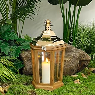 TRIROCKS Wood Decorative Lantern 43cm High Candle Holder Hanging Lantern With Clear Glass Panels Perfect For Home Decor Living Room Parties Events Tabletop Indoors Outdoors (Bronze)