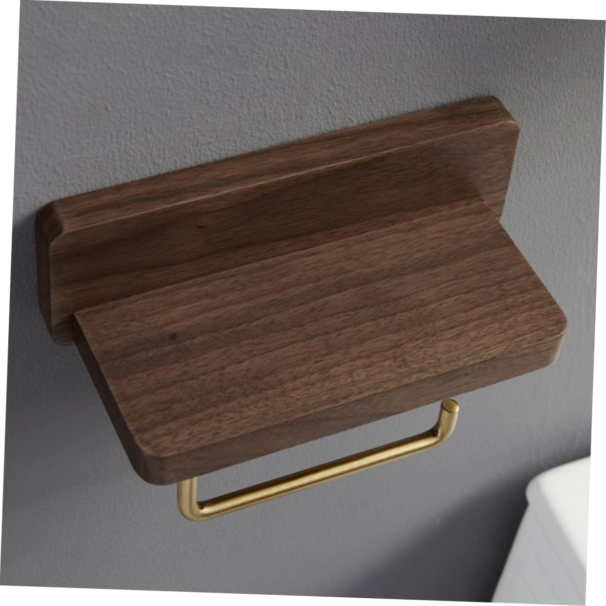 Multipurpose Toilet Paper Holder -Mounted Bathroom Tissue Organizer for Spaces Black Walnut Wood Design with Phone Shelf