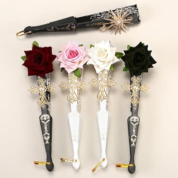 Loizziuy Vintage Gothic Grunge Palace Lace Fan Dark Ornate Retro Rose Folding Fan for Tea Party Aesthetic Stuff K-pop Cosplay Weird Fiction (Black)