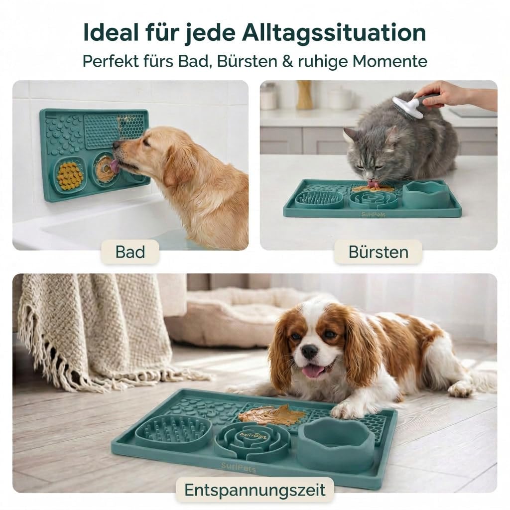 Schleckmatte Hund & Katze mit Napf – LFGB Silikon Lick Mat mit Saugnäpfen – Slow Feeder gegen Schlingen, Stress & Langeweile – inkl. Spatel – BPA frei & spülmaschinenfest