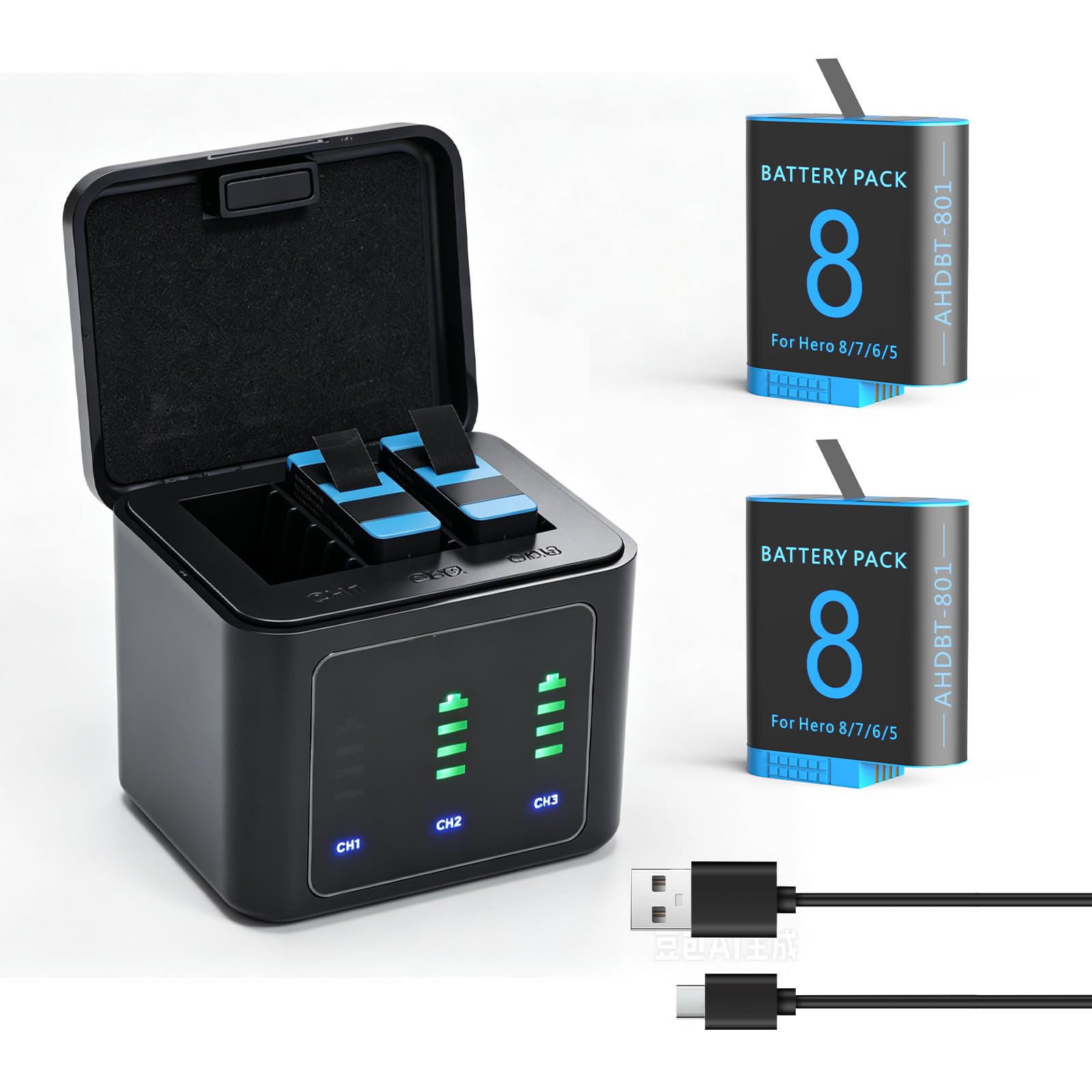 2 confezioni di batterie di ricambio da 2500 mAh per GoPro Hero 8/7/6/5 con stazione di ricarica a 3 canali di tipo C