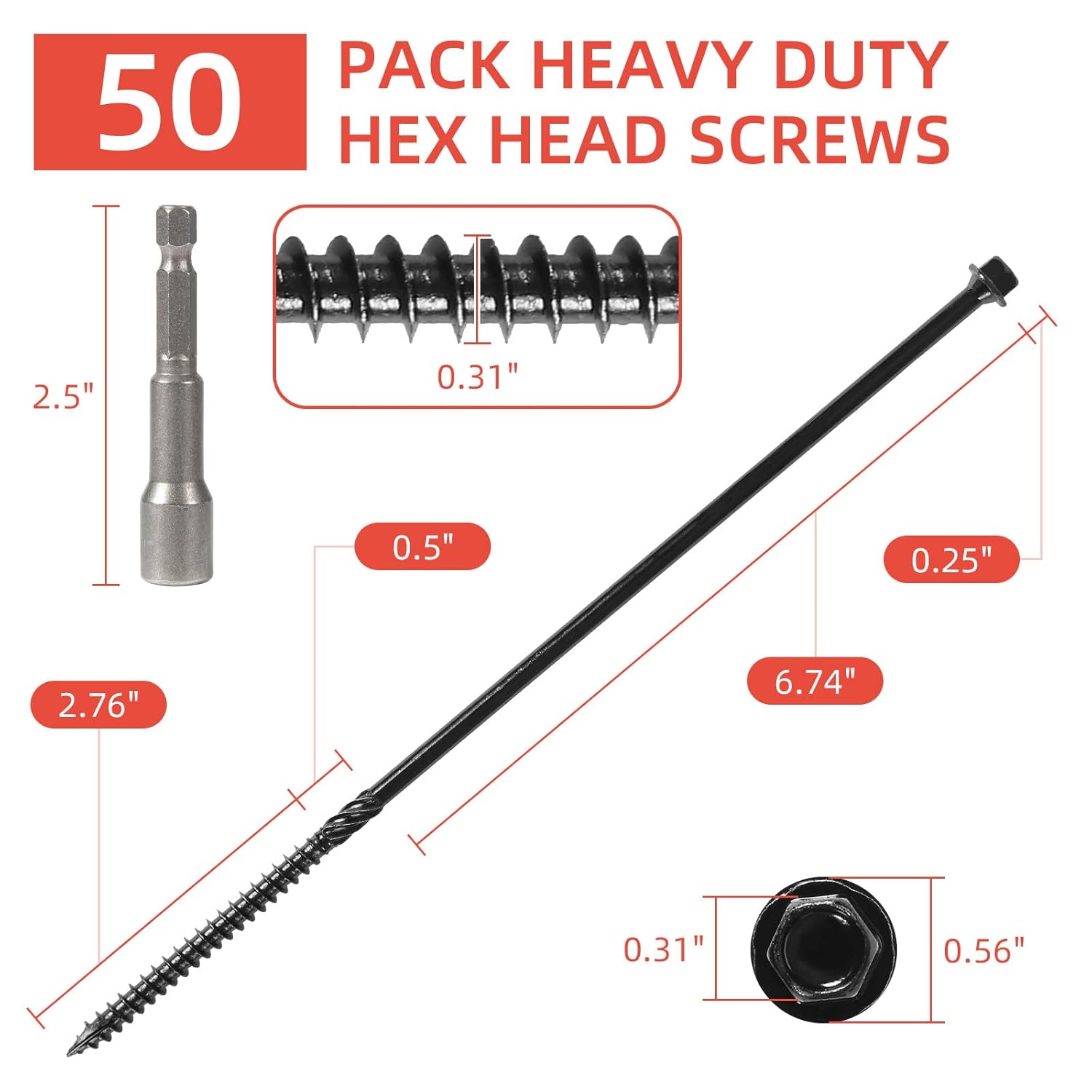 #14x10 Black Hex Exterior Lag Screws, Structural Wood Screw, Heavy DutyTimber Screws Includes Hex Socket (50Pcs)