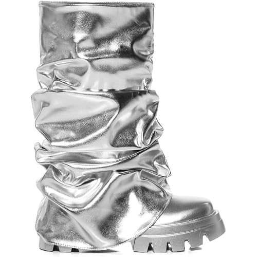 Women's Metallic Mid Calf Pull-On Fit Boots Scrunched Foldover Chunky Platform Sole Rounded Toe Booties