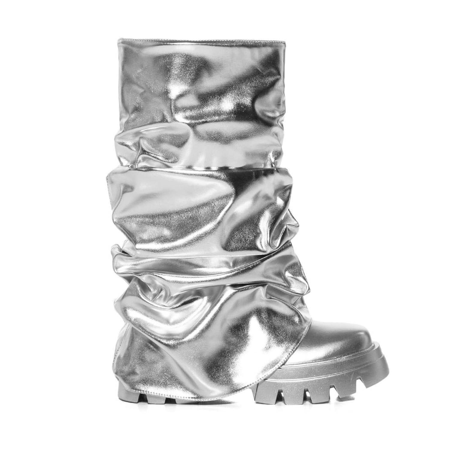 DETOGNI Women's Metallic Mid Calf Pull-On Fit Boots Scrunched Foldover Chunky Platform Sole Rounded Toe Booties