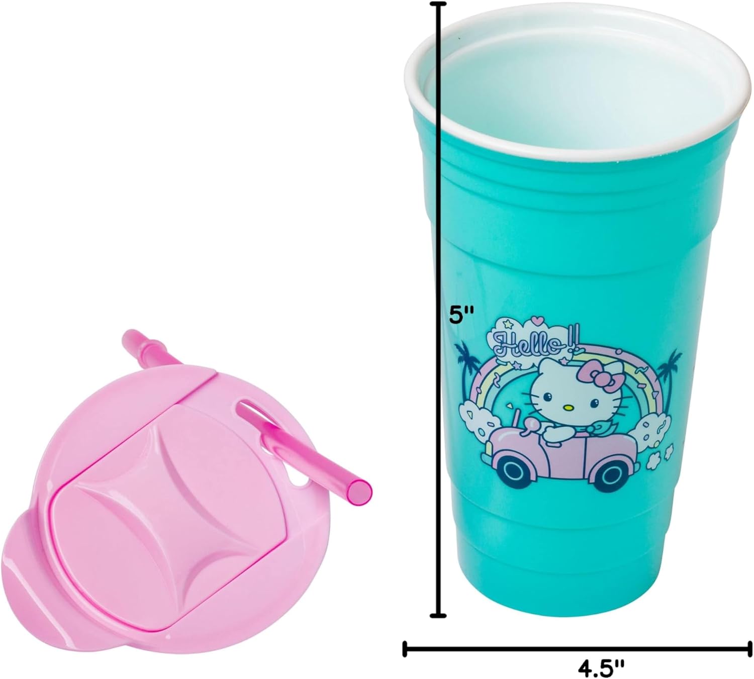 Silver Buffalo Sanrio Hello Kitty Driving in Car Under a Rainbow Plastic Tumbler with Lid and Straw, 32 Ounces - Image 7
