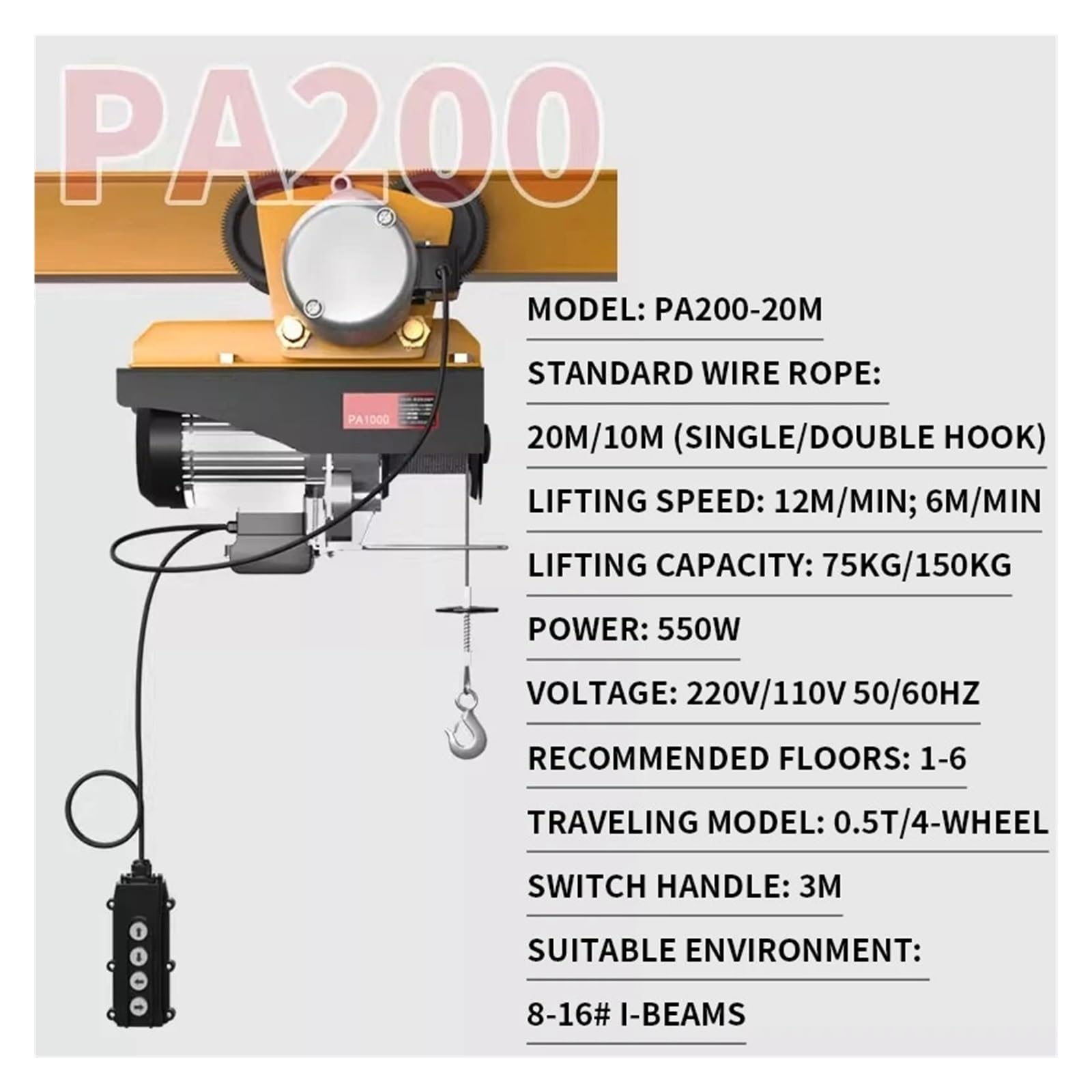 Mini Grue Électrique 220V Monophasé De Levage Compacte 1 Tonne Chaîne Mobile Double Bras Cadre Durable de Levage Treuils électriques(PA200-20M,110V)