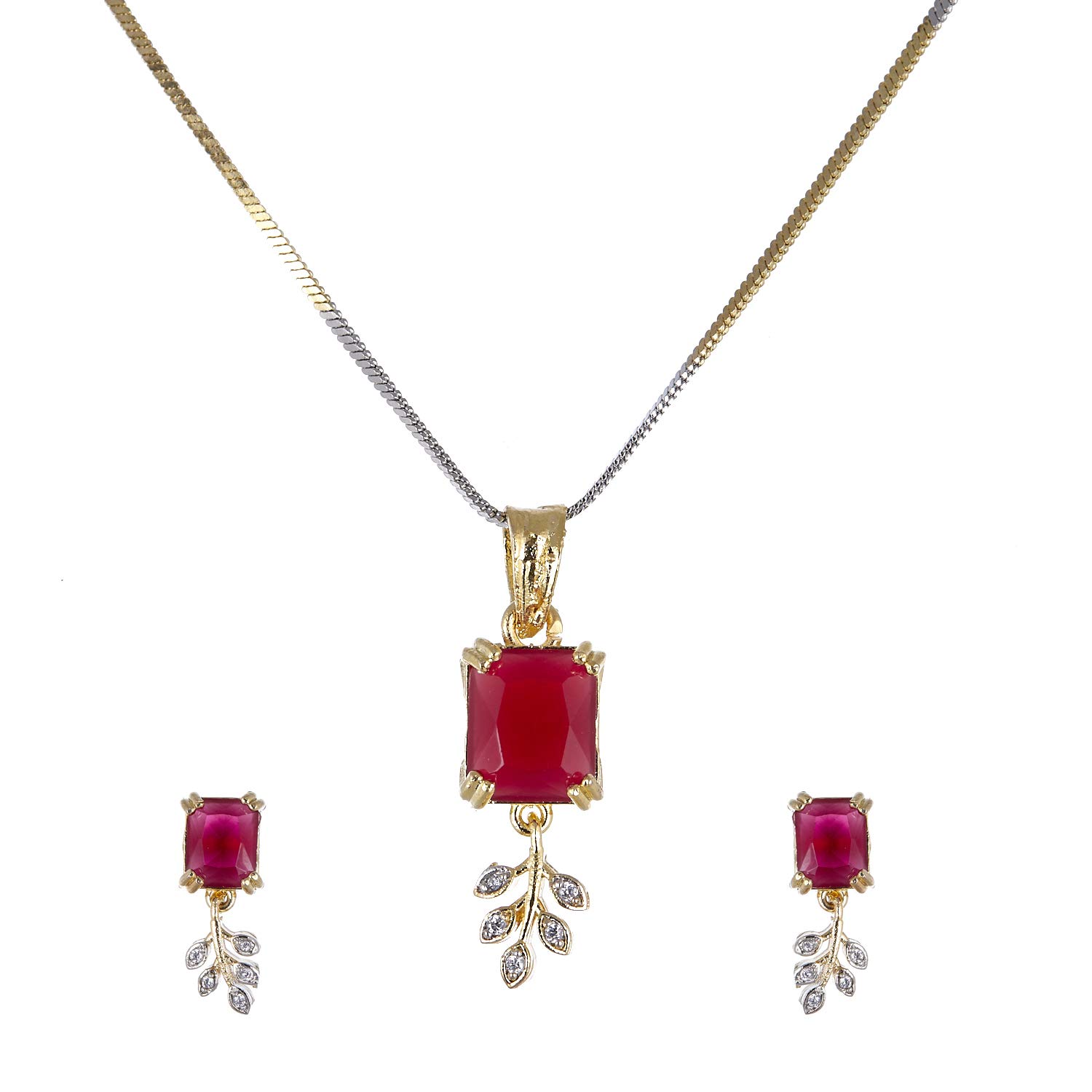 KENNICE Gold-Plated Emerald Shaped Red CZ Stone Drop Leaf Big Size Pendant Necklace with Earrings Jewellery For Girls & Women (B09D3K62GB) Amazon Price History, Amazon Price Tracker