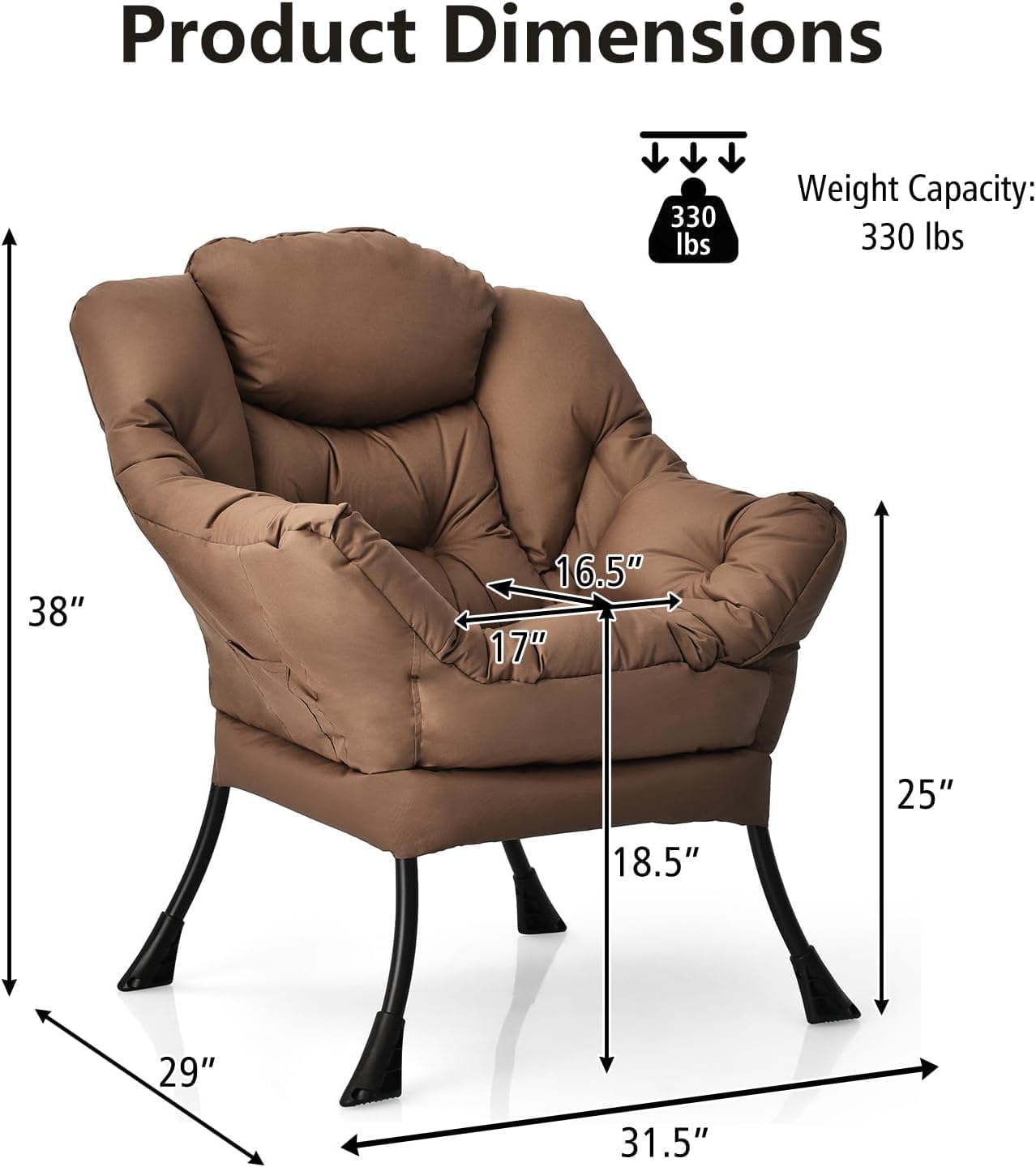 MAT EXPERT Oversized Lazy Chair, Modern Comfy Accent Reading Chair with Side Pocket & Armrests, Upholstered Lounge Leisure Sofa Chair for Bedroom, Living Room, Office (Lazy Chair, Brown)
