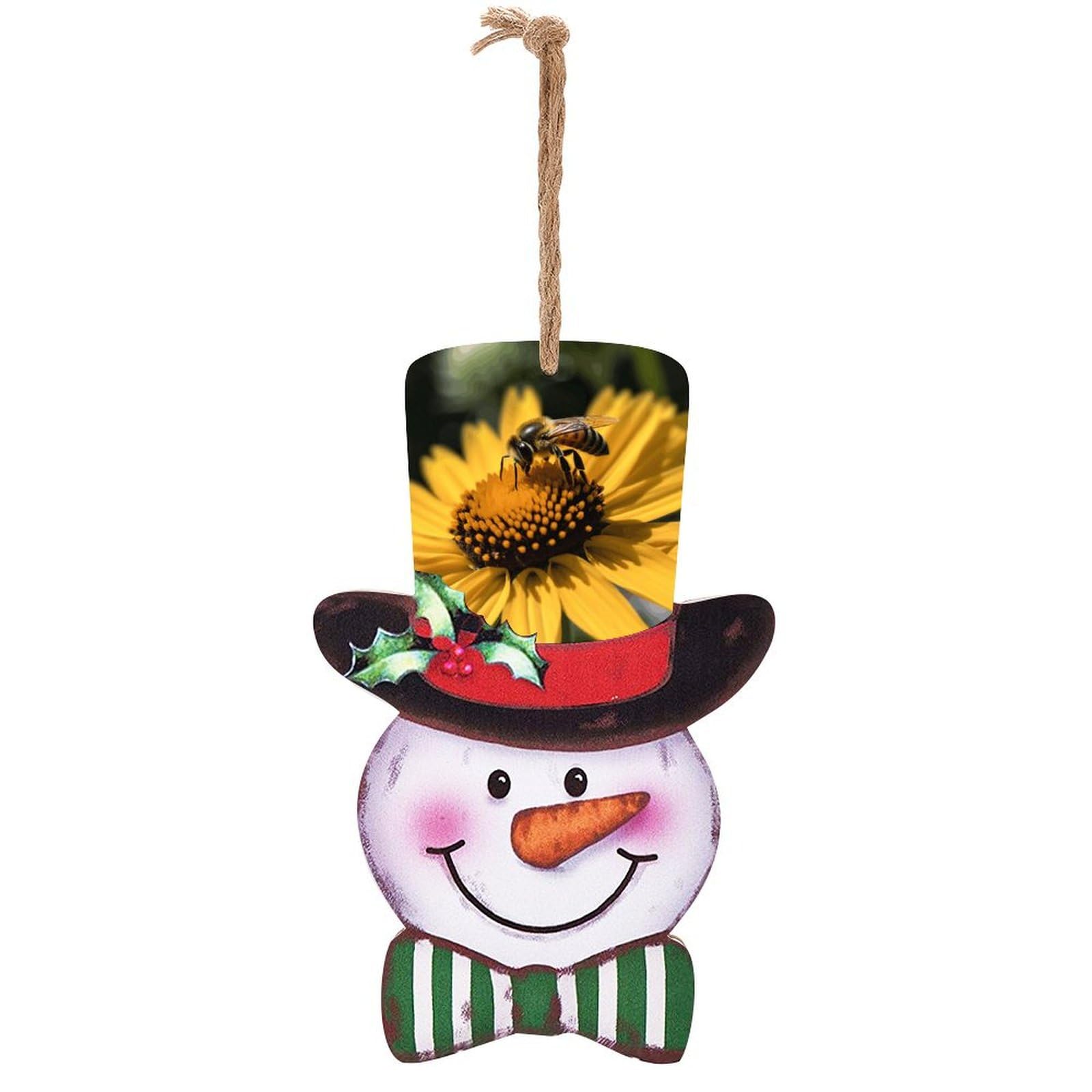 Panneau de Noël en bois suspendu avec gravure fleur jaune et abeille