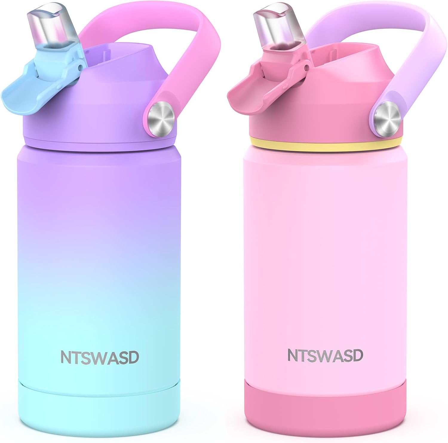 Girls Insulated Water Bottle with Straw,12 oz Kids Cups with Stainless Steel Leak Proof for School Daycare(2Pack,Purple+Pink)