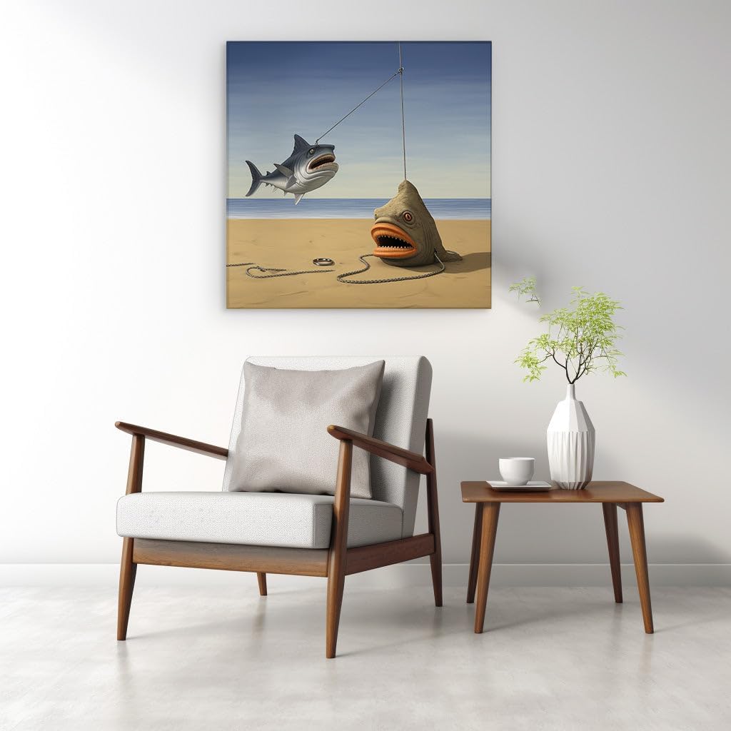Canvas for Living Room. Hooked on Humor: The Bizarre Beach Tug-of-War Between Sharp-Toothed Fish, 27 x 18 inch Canvas Wall Art - Large Mouth Bass - Modern Home Decor